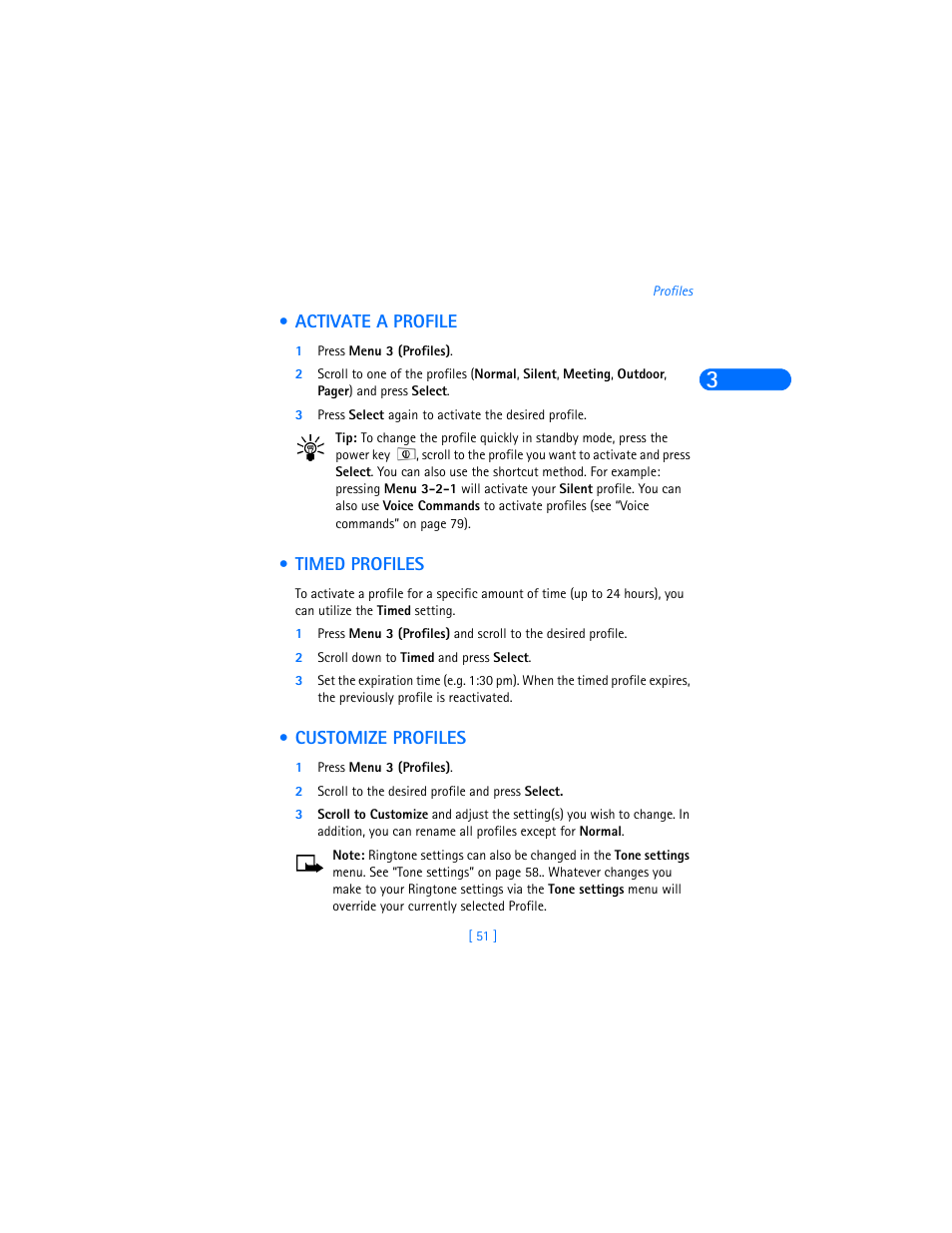 Activate a profile, Timed profiles, Customize profiles | Nokia 6310i User Manual | Page 60 / 161