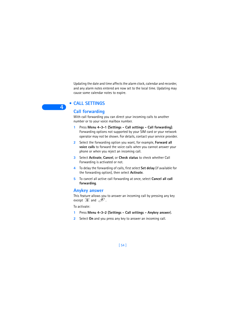Call settings, Call forwarding, Anykey answer | Nokia 6310i User Manual | Page 63 / 161