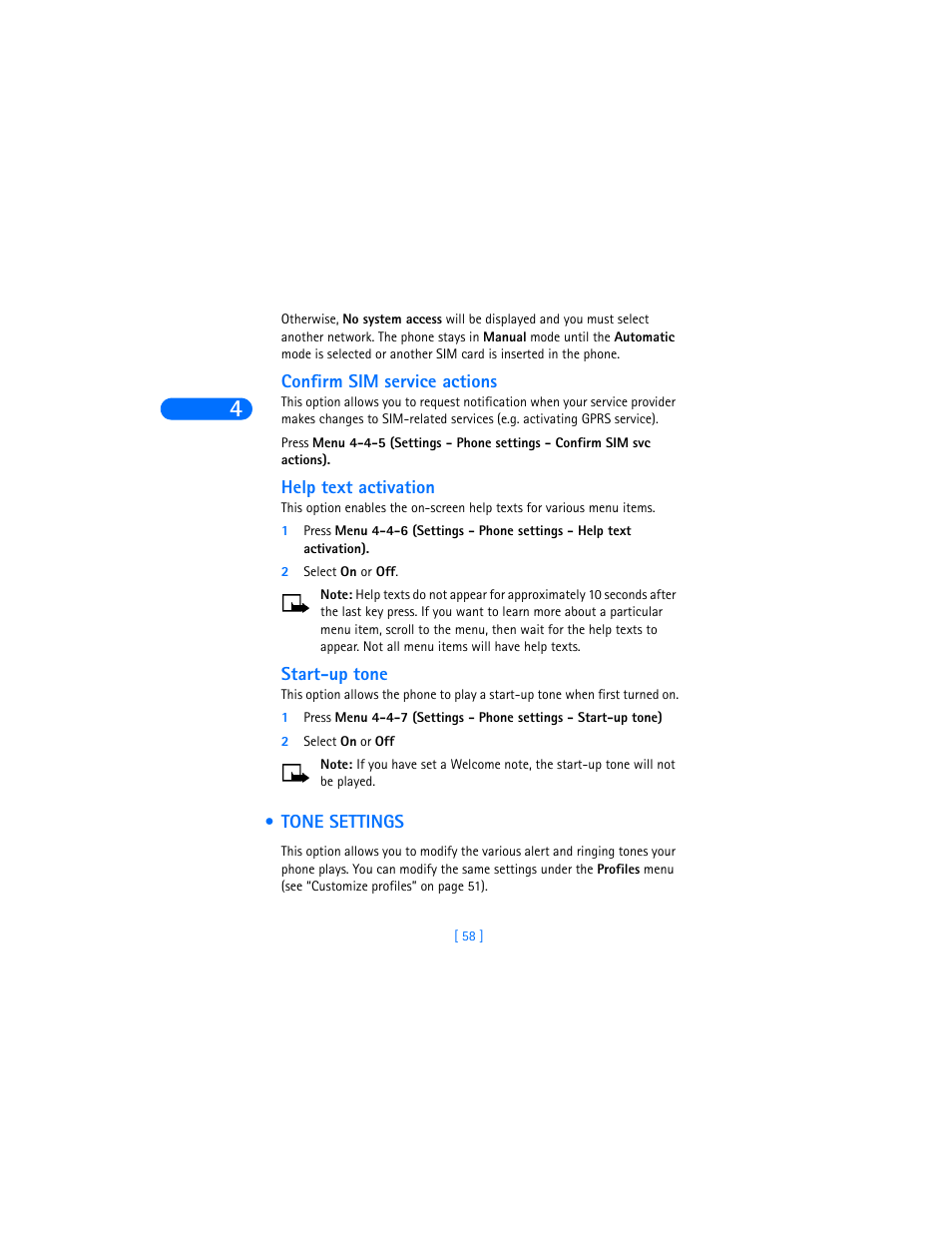 Confirm sim service actions, Help text activation, Start-up tone | Tone settings | Nokia 6310i User Manual | Page 67 / 161