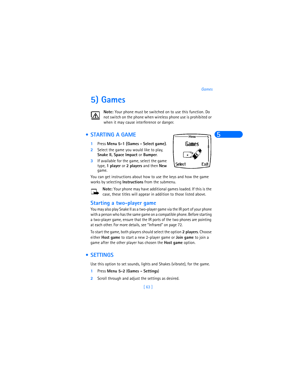 5) games, Starting a game, Starting a two-player game | Settings | Nokia 6310i User Manual | Page 72 / 161