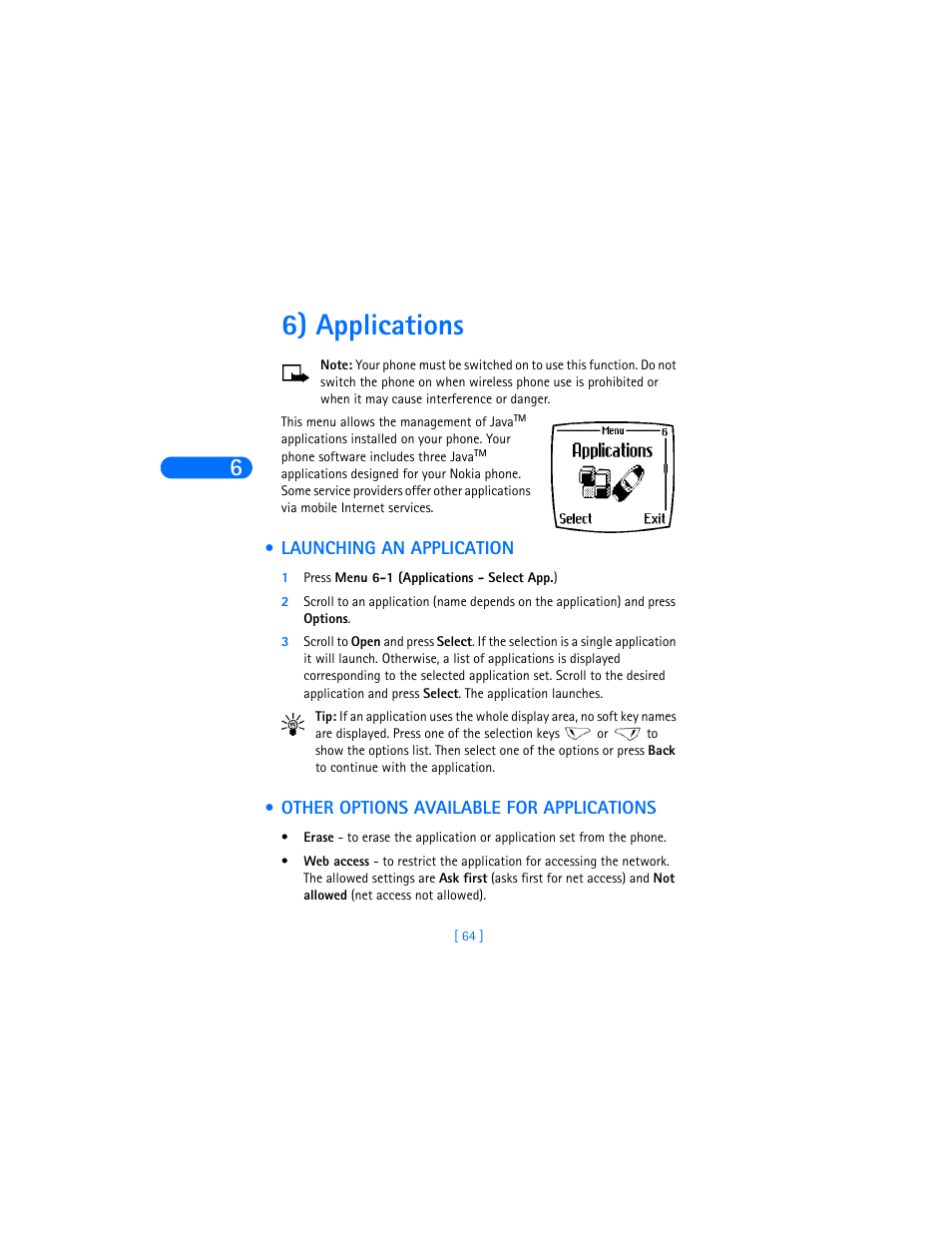 6) applications, Launching an application, Other options available for applications | Nokia 6310i User Manual | Page 73 / 161