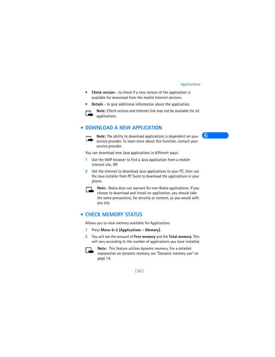 Download a new application, Check memory status | Nokia 6310i User Manual | Page 74 / 161