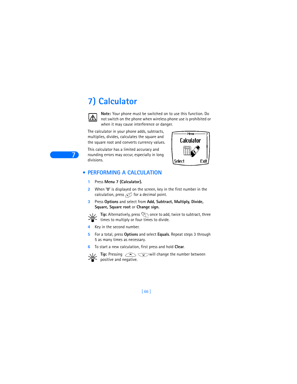 7) calculator, Performing a calculation | Nokia 6310i User Manual | Page 75 / 161