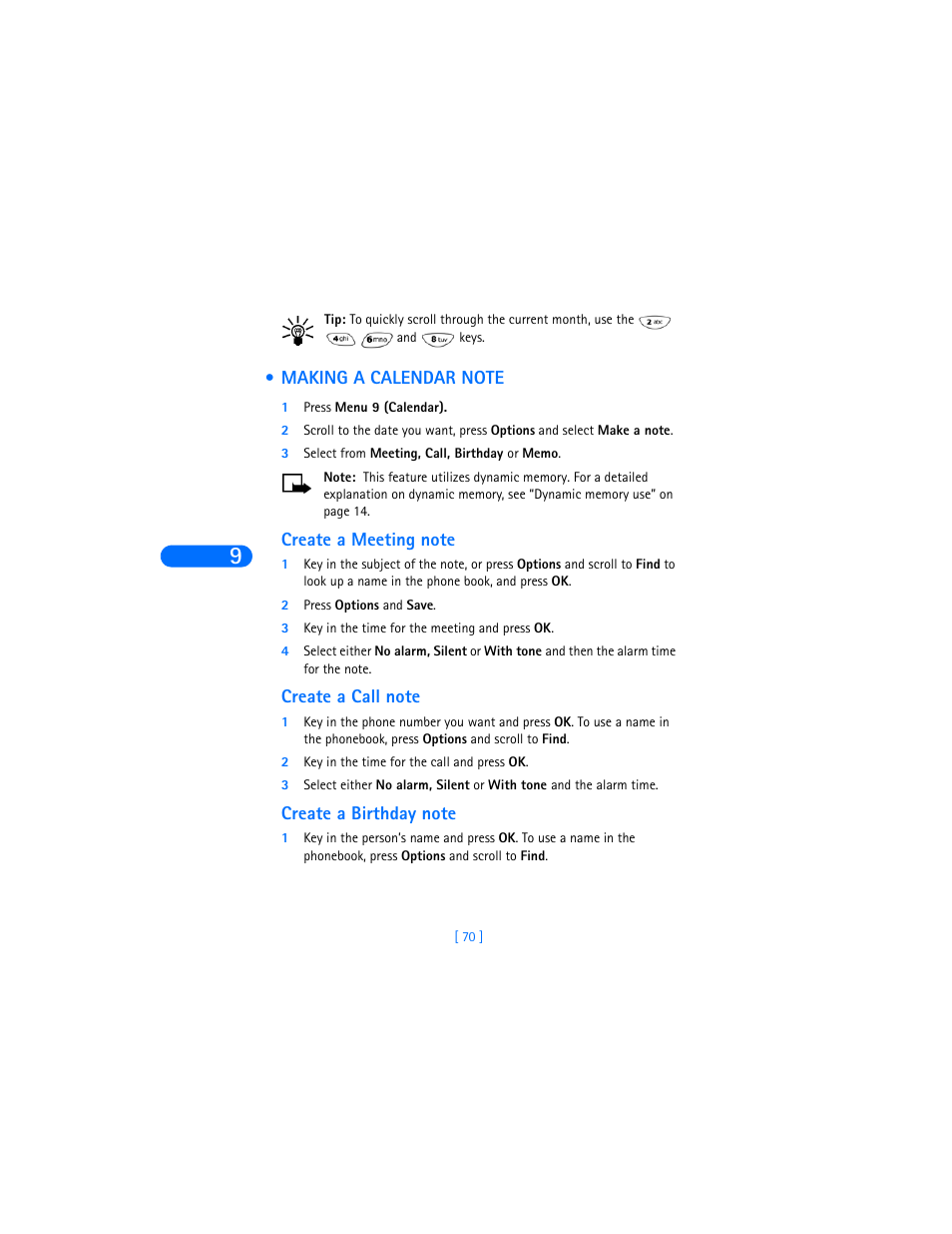 Making a calendar note, Create a meeting note, Create a call note | Create a birthday note | Nokia 6310i User Manual | Page 79 / 161