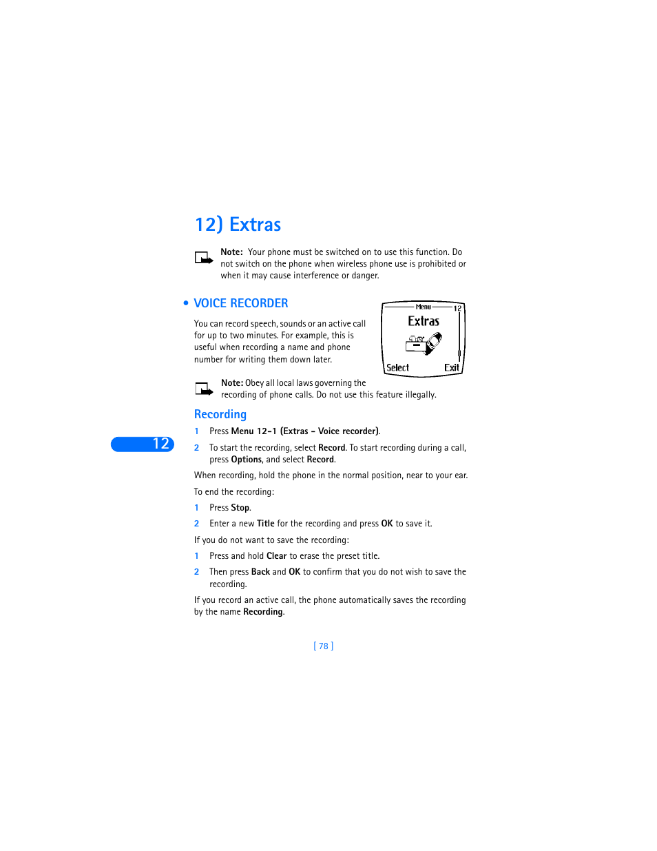 12) extras, Voice recorder, Recording | Nokia 6310i User Manual | Page 87 / 161