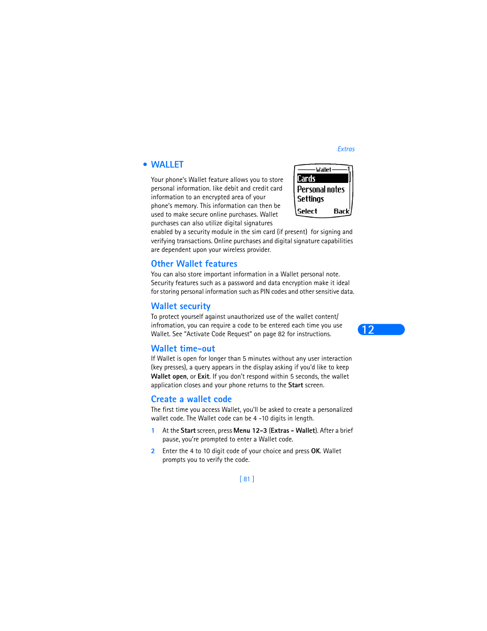Wallet, Other wallet features, Wallet security | Wallet time-out, Create a wallet code | Nokia 6310i User Manual | Page 90 / 161