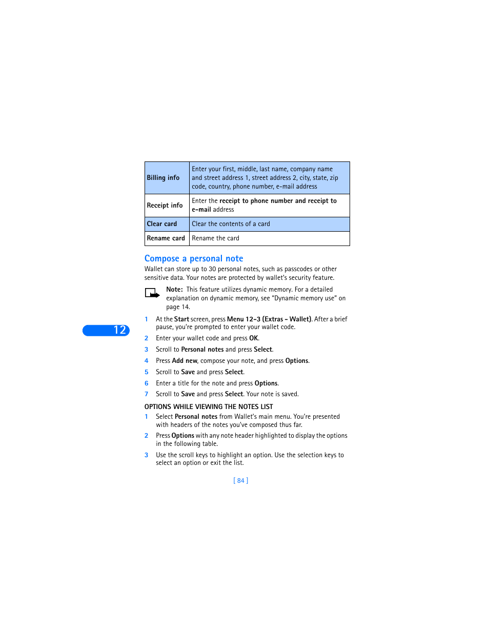 Compose a personal note, Options while viewing the notes list | Nokia 6310i User Manual | Page 93 / 161