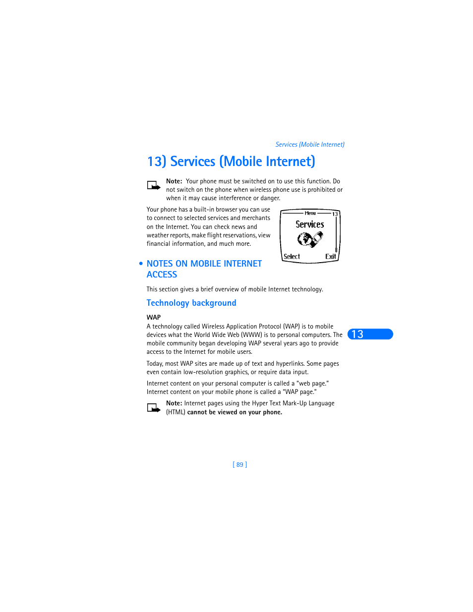 13) services (mobile internet), Notes on mobile internet access, Technology background | Nokia 6310i User Manual | Page 98 / 161