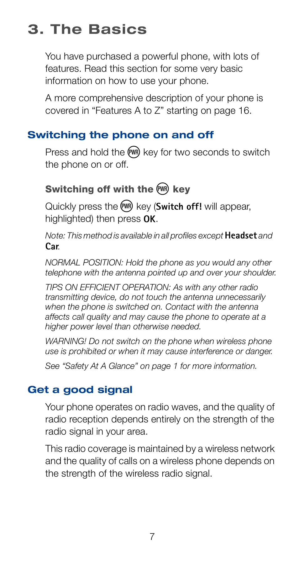 The basics, Switching the phone on and off, Get a good signal | Switching the phone on and off get a good signal | Nokia 6161 User Manual | Page 14 / 101