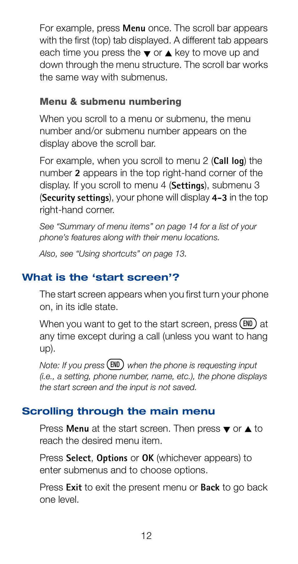 What is the ‘start screen, Scrolling through the main menu, Numbers b | Nokia 6161 User Manual | Page 19 / 101