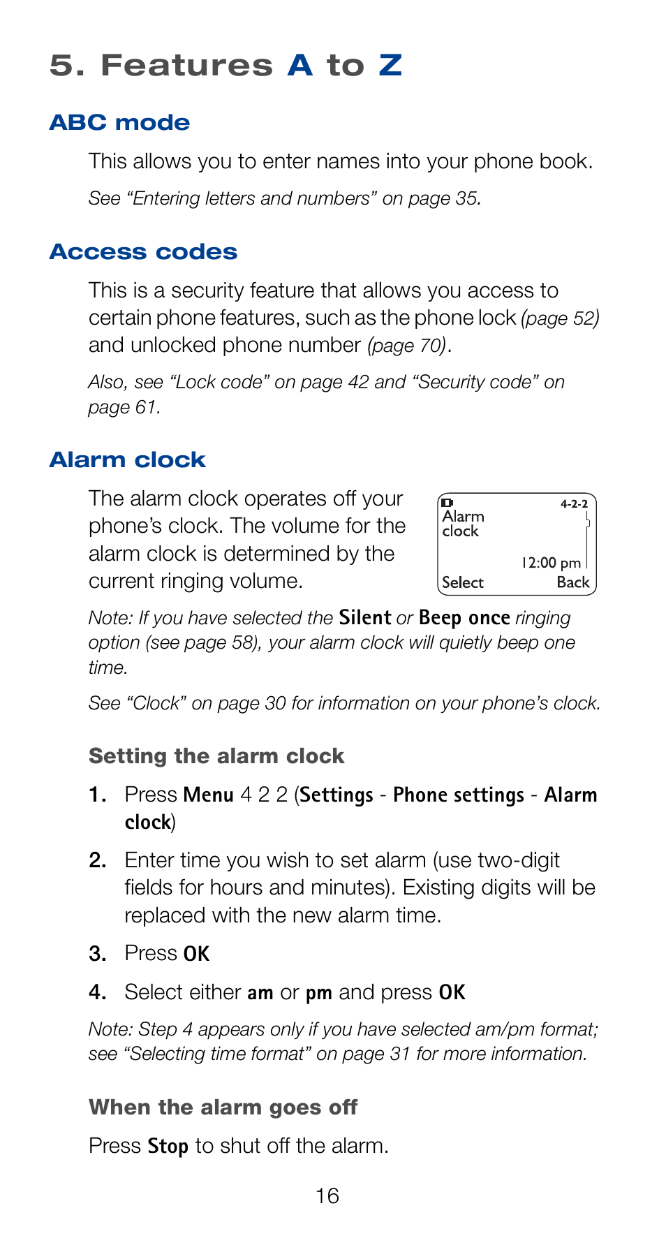 Features a to z, Access codes, Alarm clock | Access codes alarm clock | Nokia 6161 User Manual | Page 23 / 101