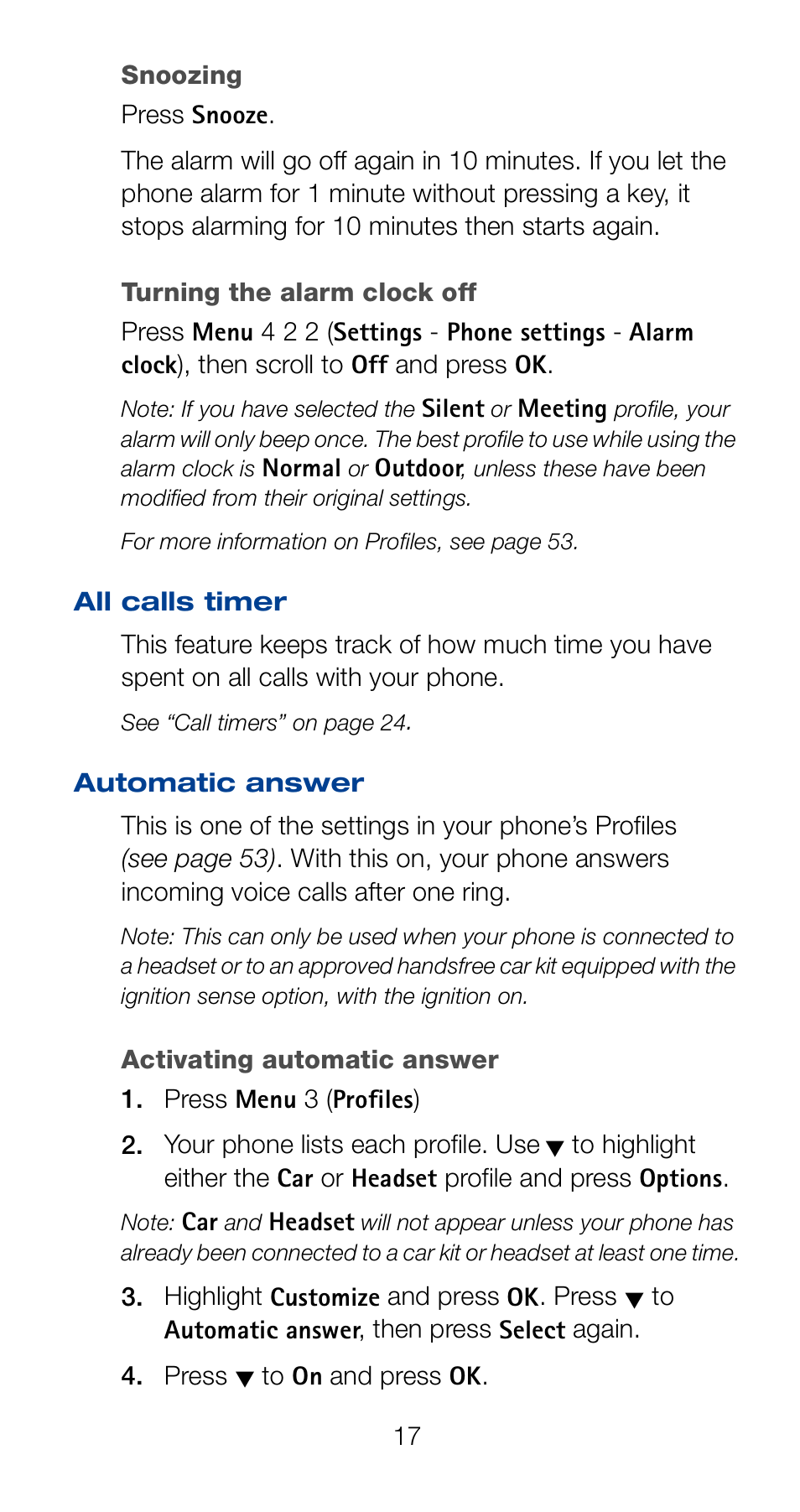 All calls timer, Automatic answer, All calls timer automatic answer | Nokia 6161 User Manual | Page 24 / 101