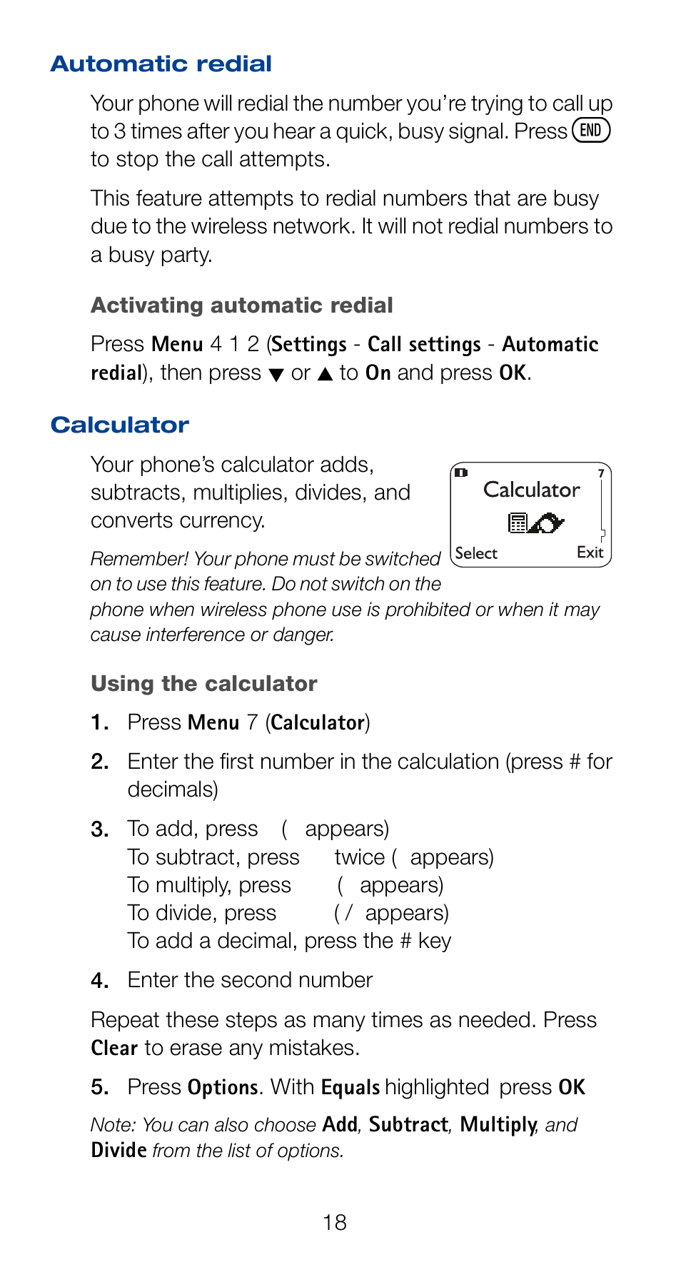 Automatic redial, Calculator, Automatic redial calculator | Nokia 6161 User Manual | Page 25 / 101