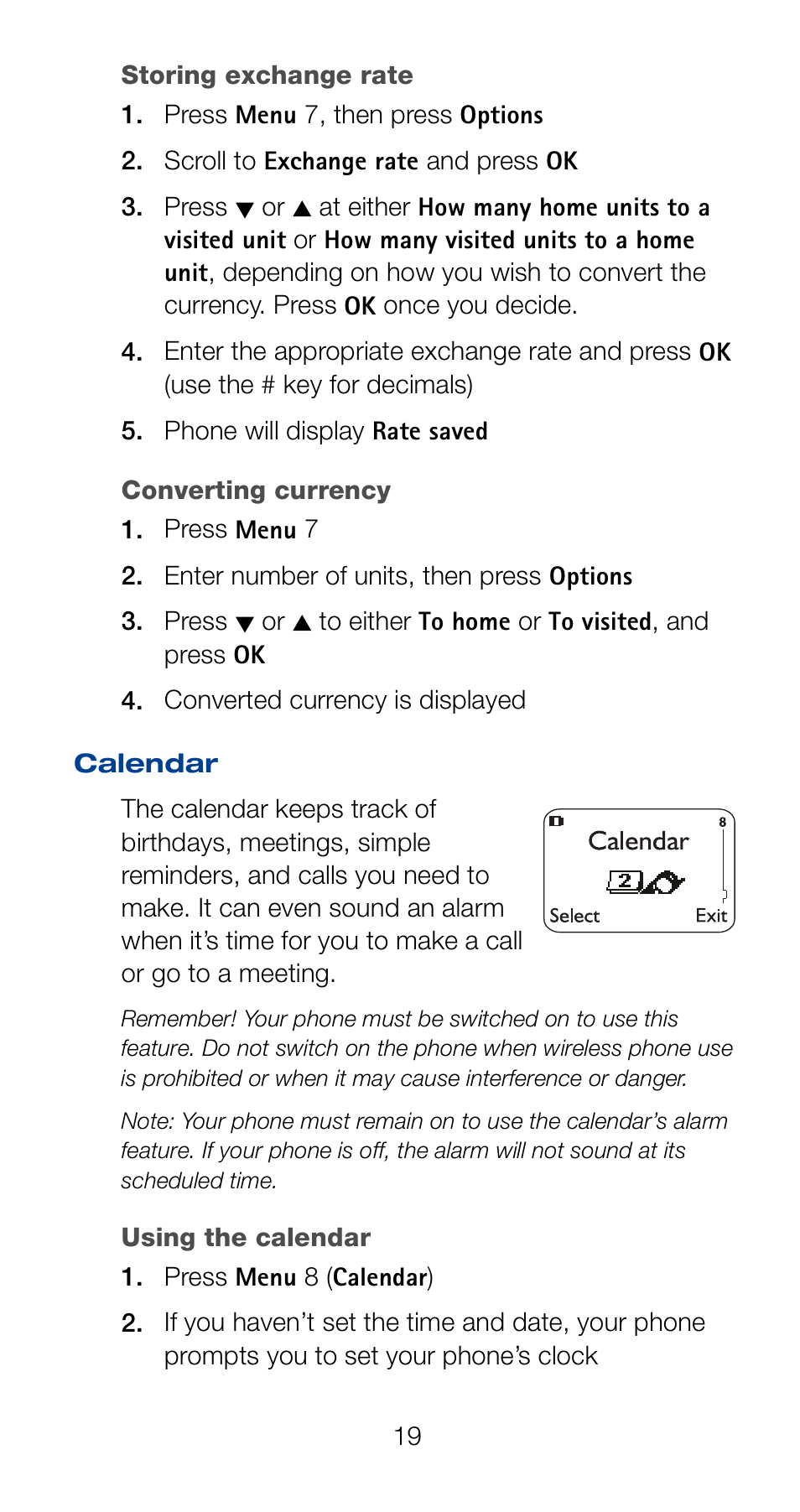 Storing exchange rate, Converting currency, Calendar | Storing exchange rate converting currency | Nokia 6161 User Manual | Page 26 / 101