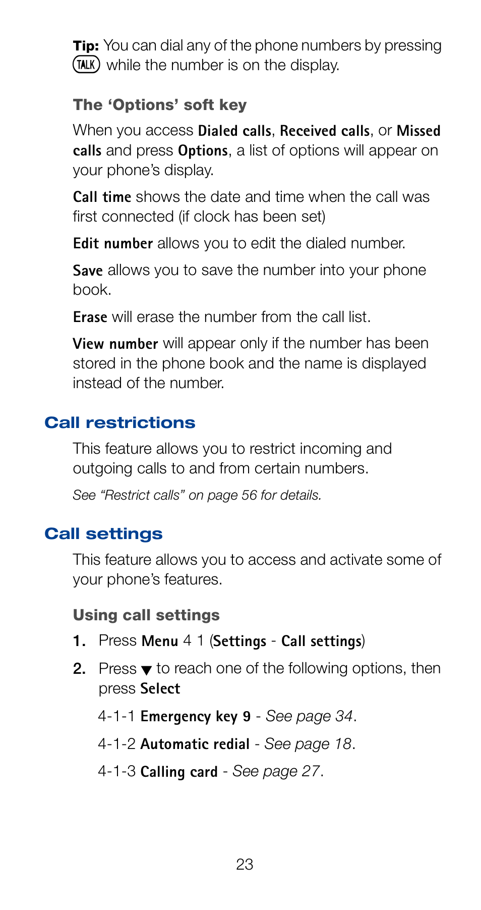 Call restrictions, Call settings, Call restrictions call settings | Nokia 6161 User Manual | Page 30 / 101