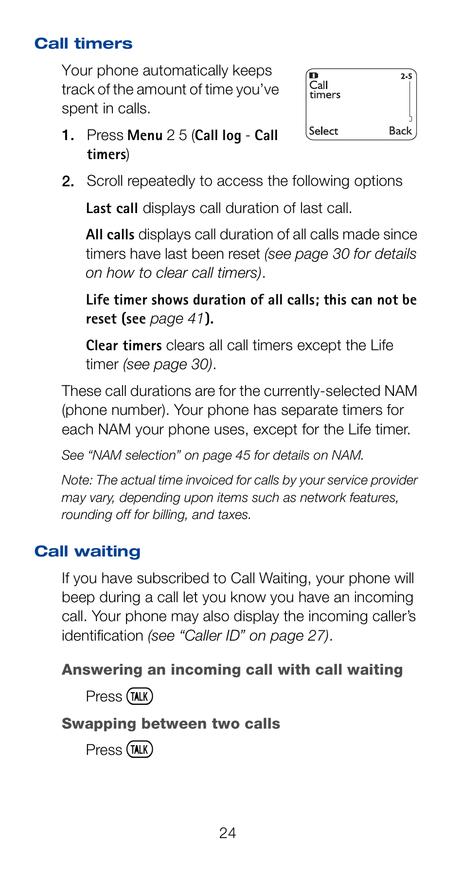Call timers, Call waiting | Nokia 6161 User Manual | Page 31 / 101