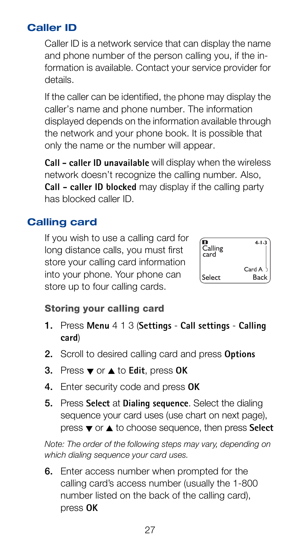 Caller id, Calling card, Caller id calling card | Nokia 6161 User Manual | Page 34 / 101