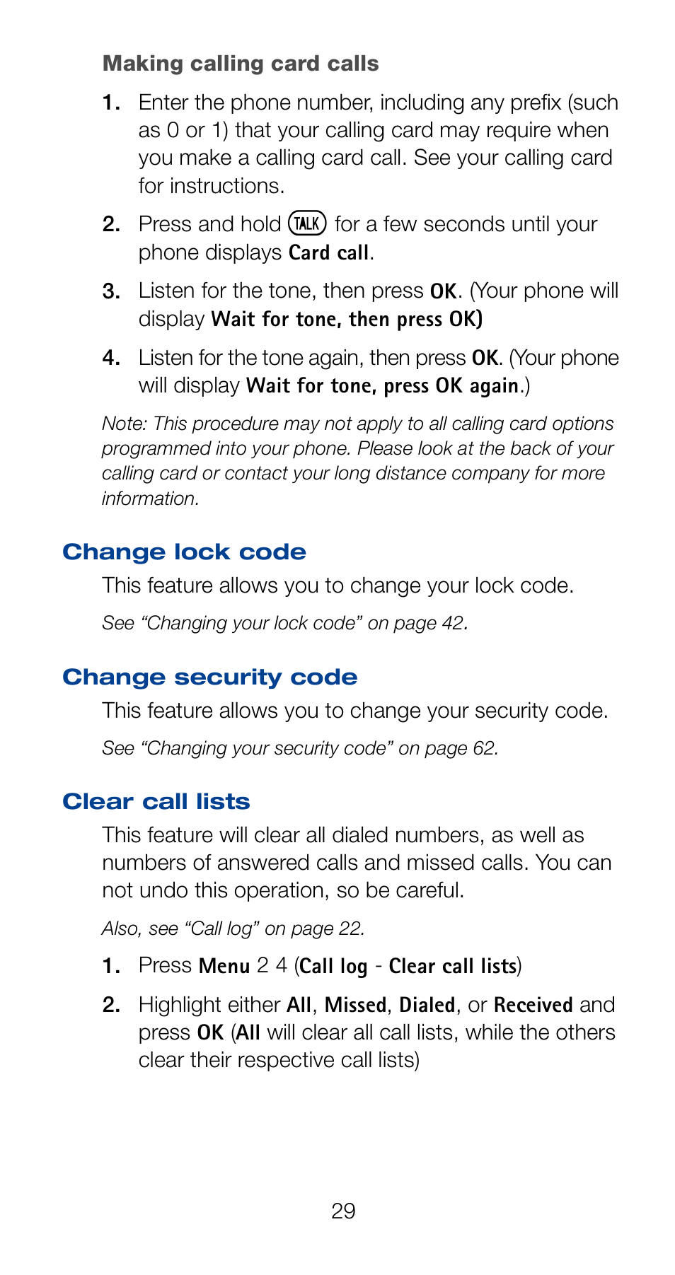 Making calling card calls, Clear call lists | Nokia 6161 User Manual | Page 36 / 101
