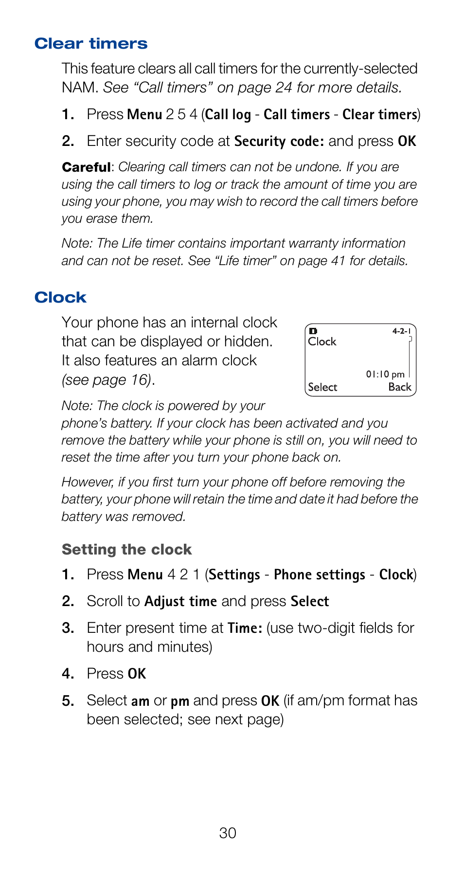 Clear timers, Clock, Setting the clock | Clear timers clock | Nokia 6161 User Manual | Page 37 / 101