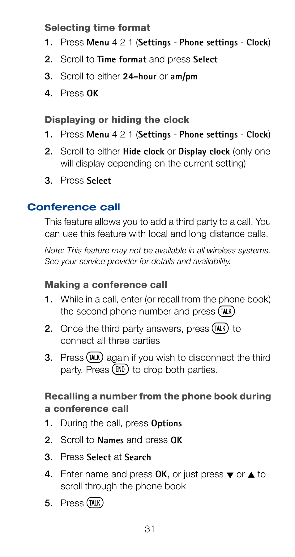 Selecting time format, Displaying or hiding the clock, Conference call | Nokia 6161 User Manual | Page 38 / 101