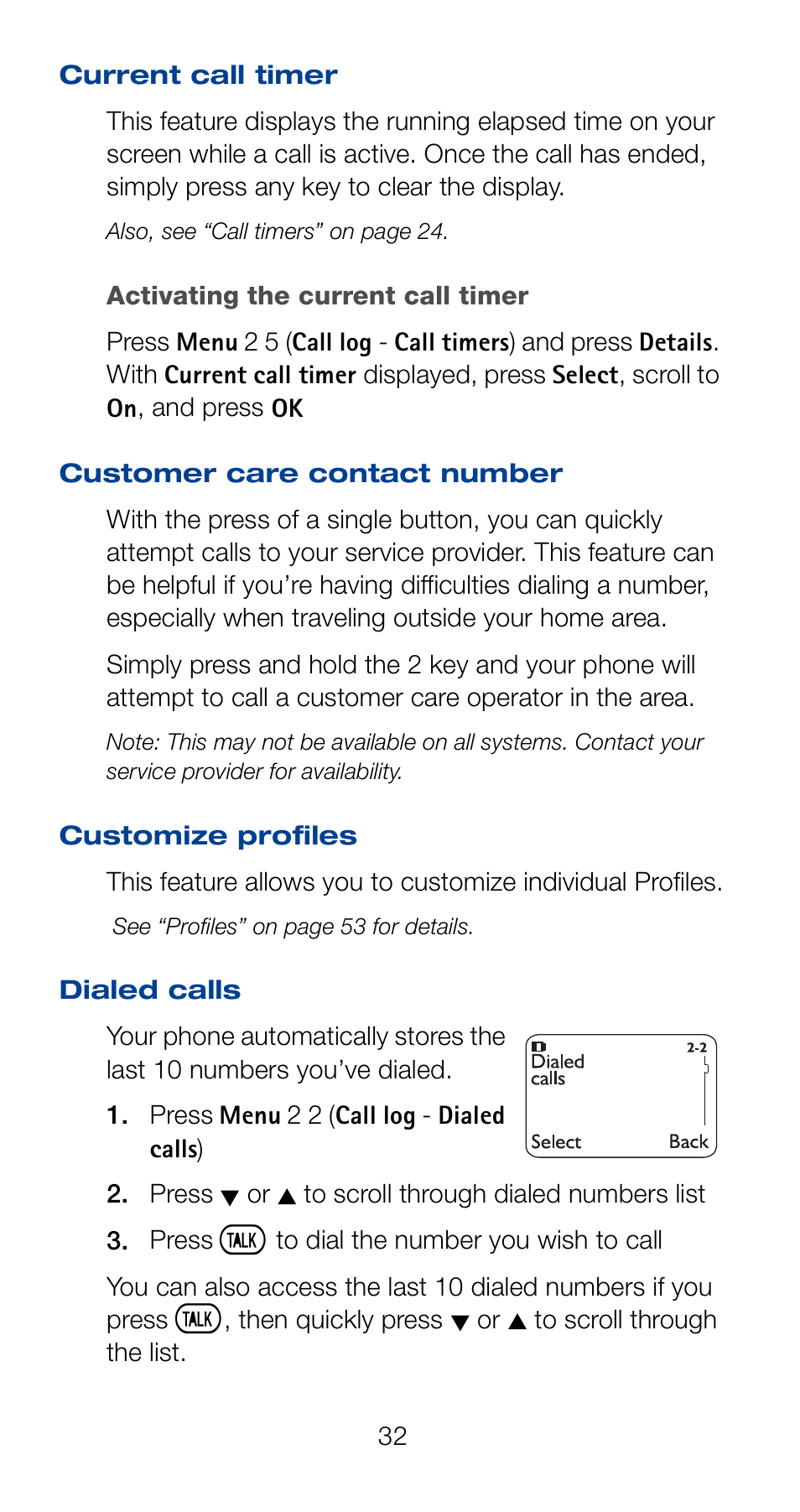 Current call timer, Customer care contact number, Dialed calls | Nokia 6161 User Manual | Page 39 / 101