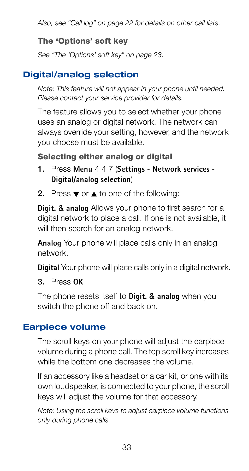 Digital/analog selection, Earpiece volume, Digital/analog selection earpiece volume | Nokia 6161 User Manual | Page 40 / 101