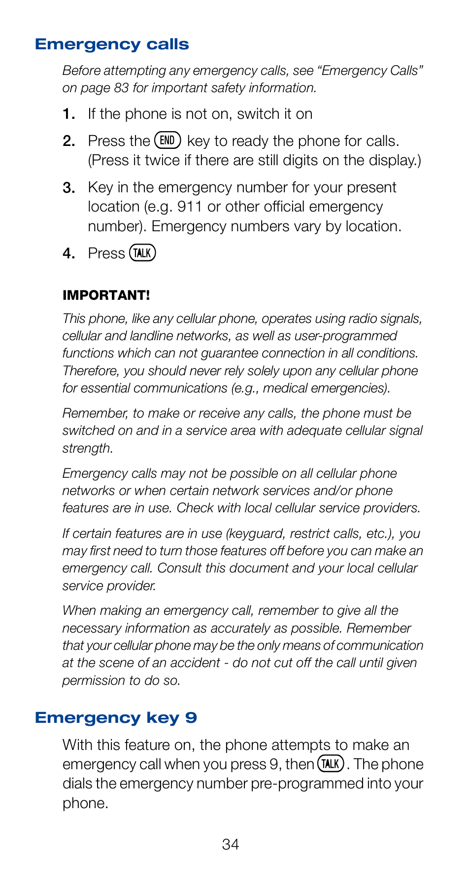 Emergency calls, Emergency key 9, Emergency calls emergency key 9 | Nokia 6161 User Manual | Page 41 / 101