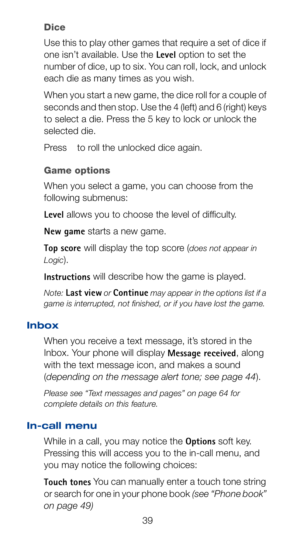 Inbox, In-call menu, Inbox in-call menu | Nokia 6161 User Manual | Page 46 / 101