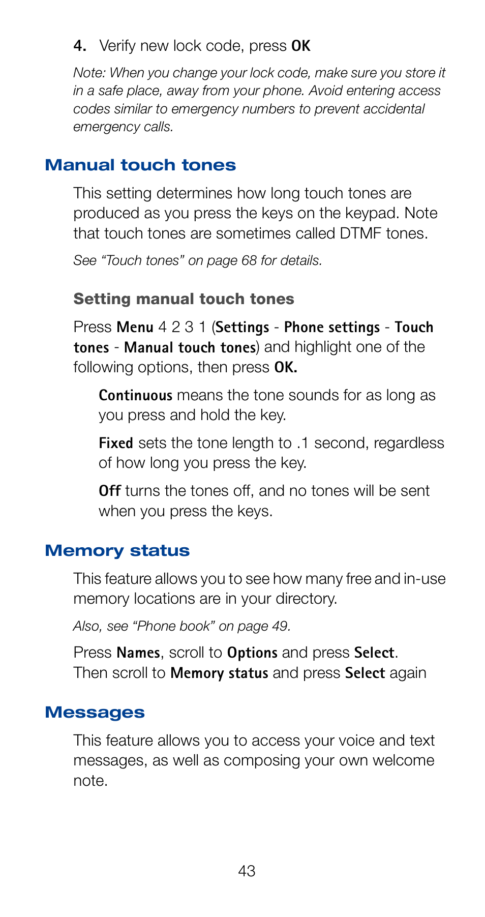 Manual touch tones, Memory status, Messages | Manual touch tones memory status messages | Nokia 6161 User Manual | Page 50 / 101