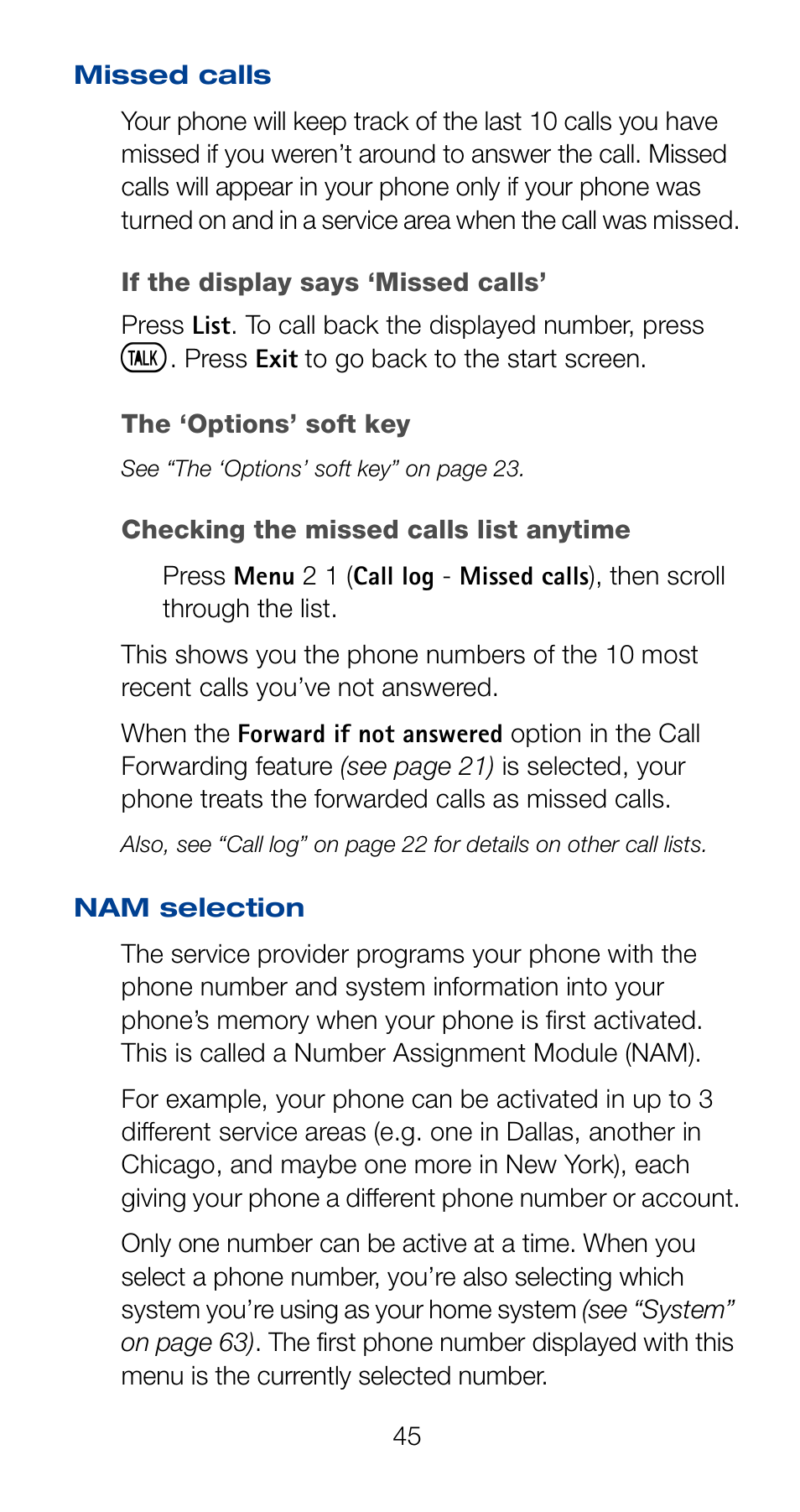 Missed calls, Nam selection, Missed calls nam selection | Nokia 6161 User Manual | Page 52 / 101