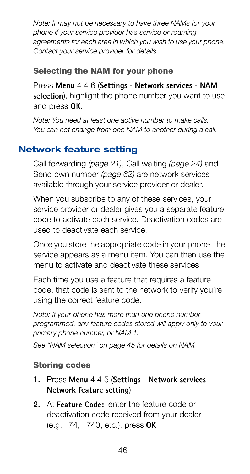 Network feature setting, Storing codes | Nokia 6161 User Manual | Page 53 / 101