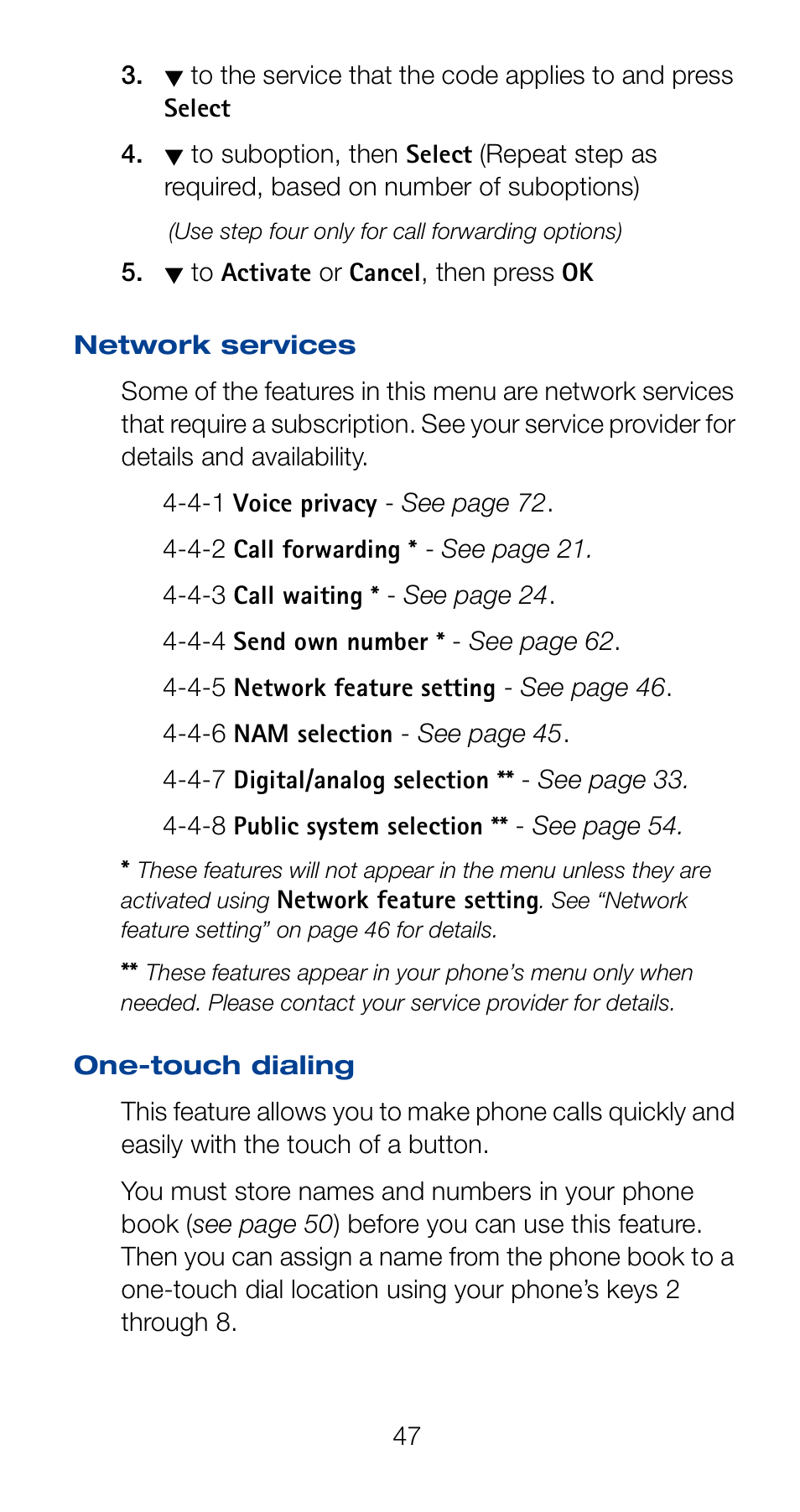 Network services, One-touch dialing, Network services one-touch dialing | Nokia 6161 User Manual | Page 54 / 101