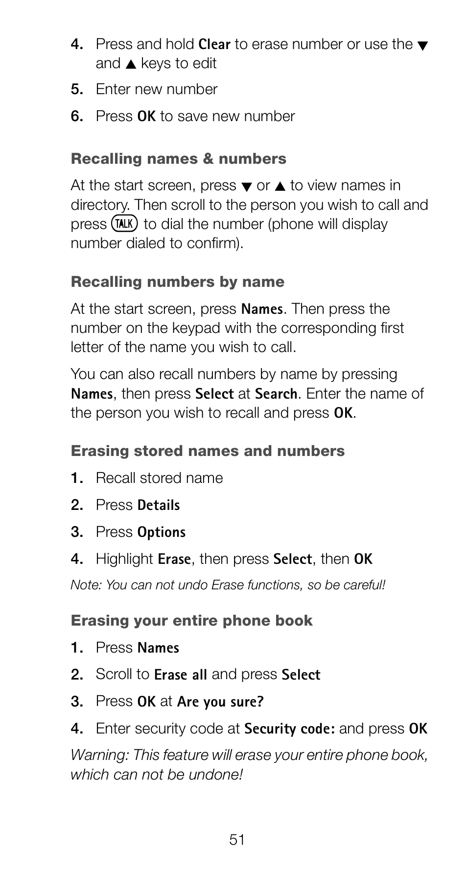 Recalling names & numbers, Erasing stored names and numbers | Nokia 6161 User Manual | Page 58 / 101