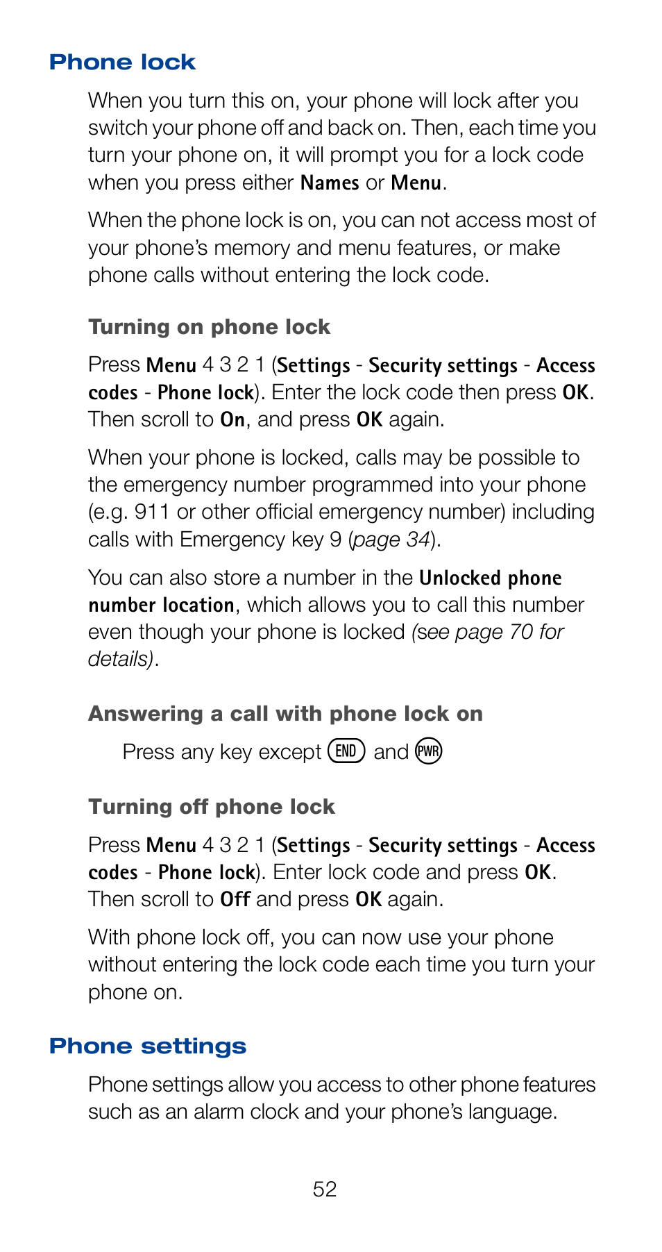 Phone lock, Phone settings, Phone lock phone settings | Nokia 6161 User Manual | Page 59 / 101
