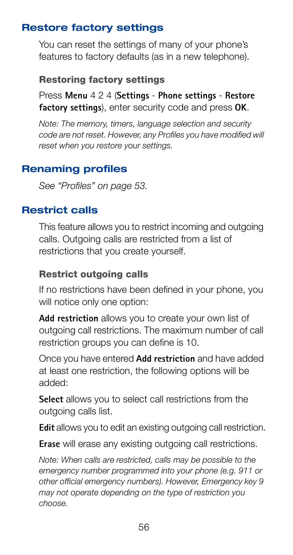 Restore factory settings, Restrict calls, Restore factory settings restrict calls | Nokia 6161 User Manual | Page 63 / 101