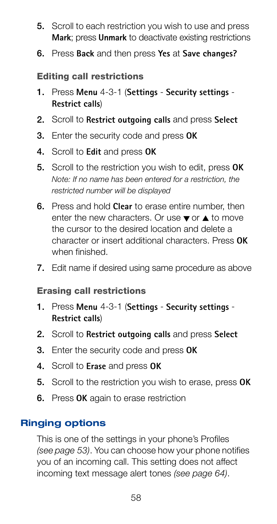 Ringing options | Nokia 6161 User Manual | Page 65 / 101