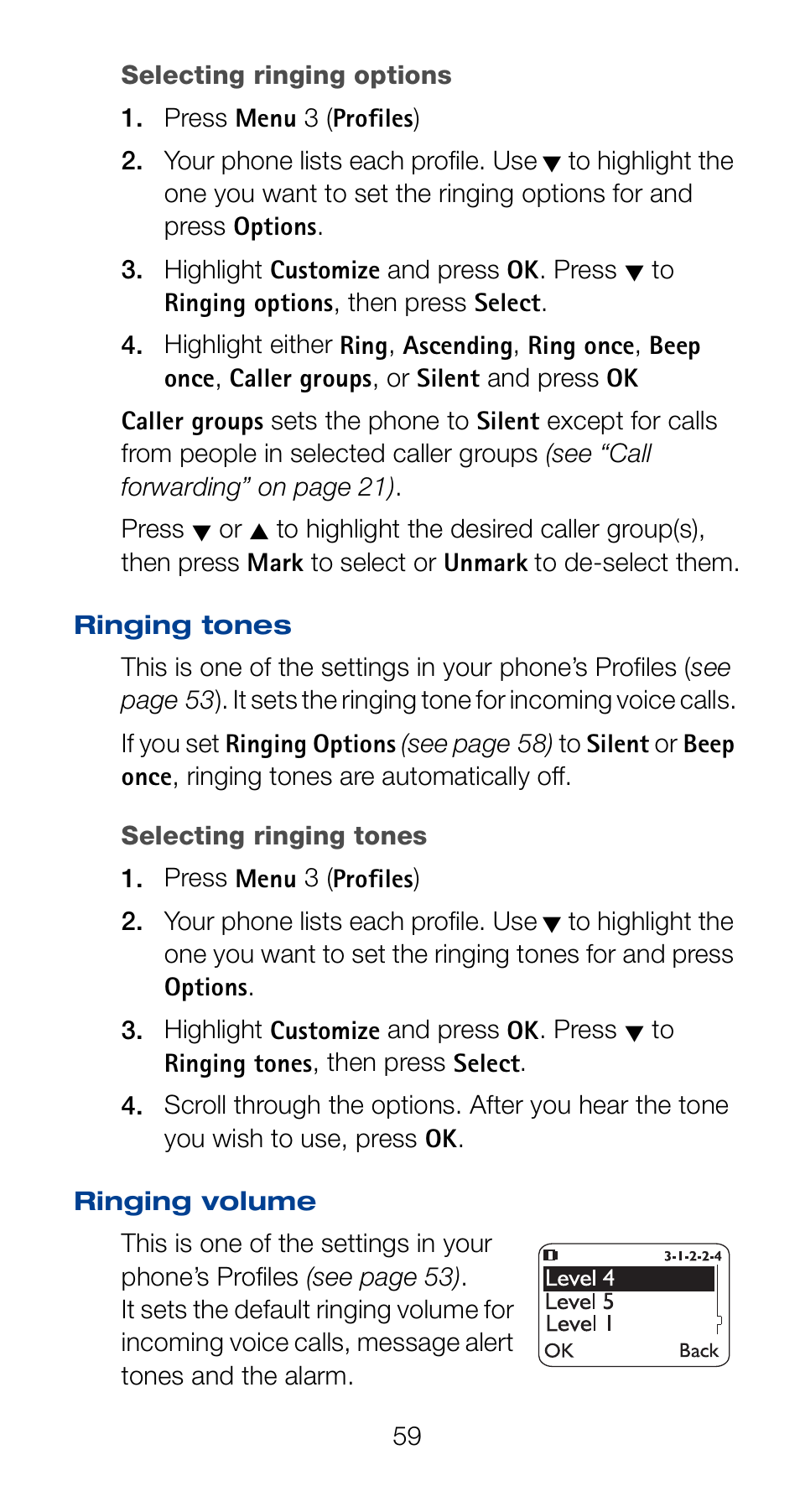 Ringing tones, Ringing volume, Ringing tones ringing volume | Nokia 6161 User Manual | Page 66 / 101