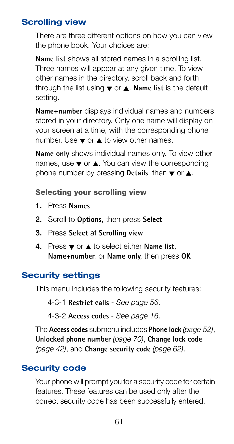 Scrolling view, Security settings, Security code | Scrolling view security settings security code | Nokia 6161 User Manual | Page 68 / 101