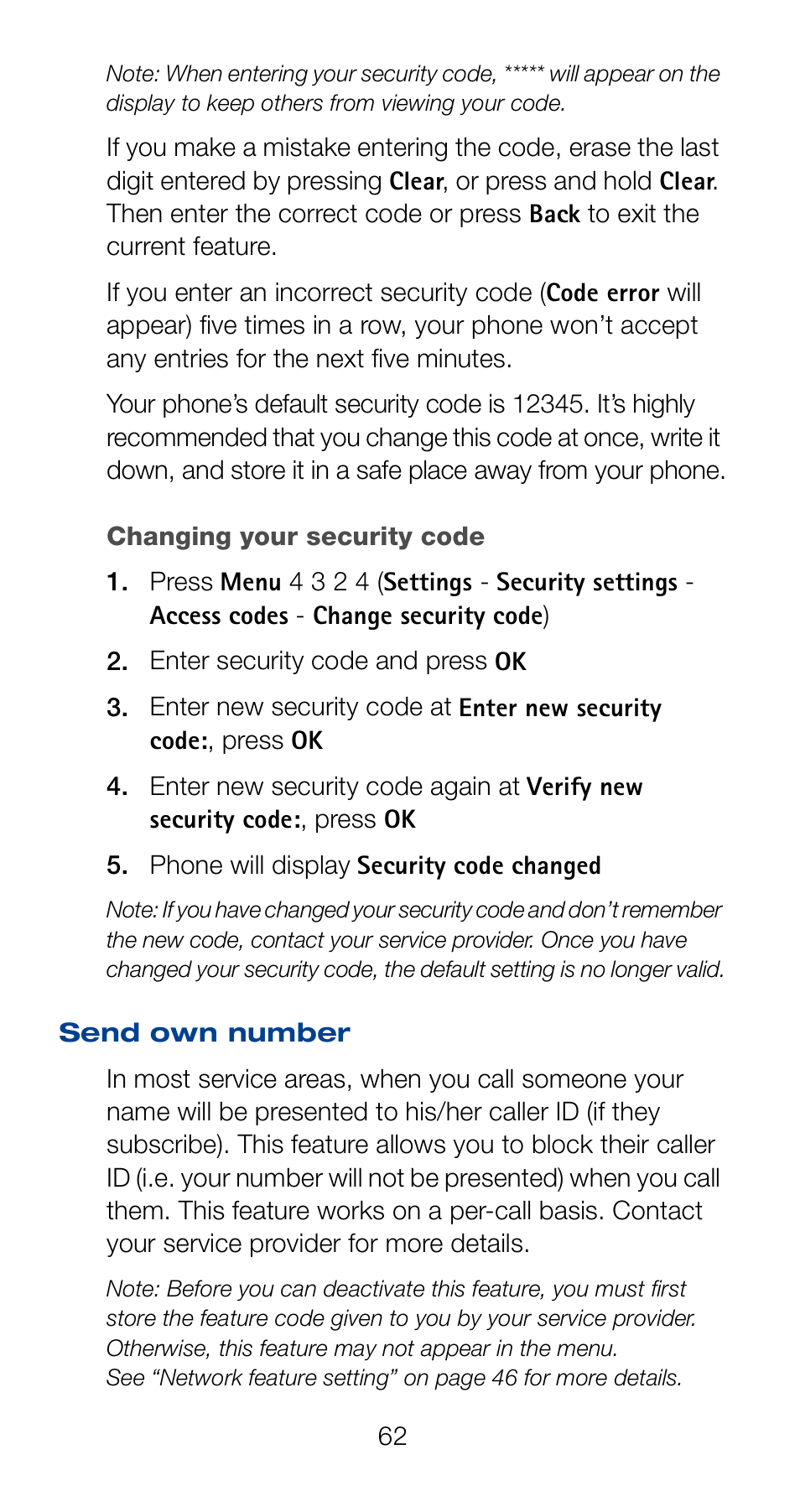 Changing your security code, Send own number | Nokia 6161 User Manual | Page 69 / 101