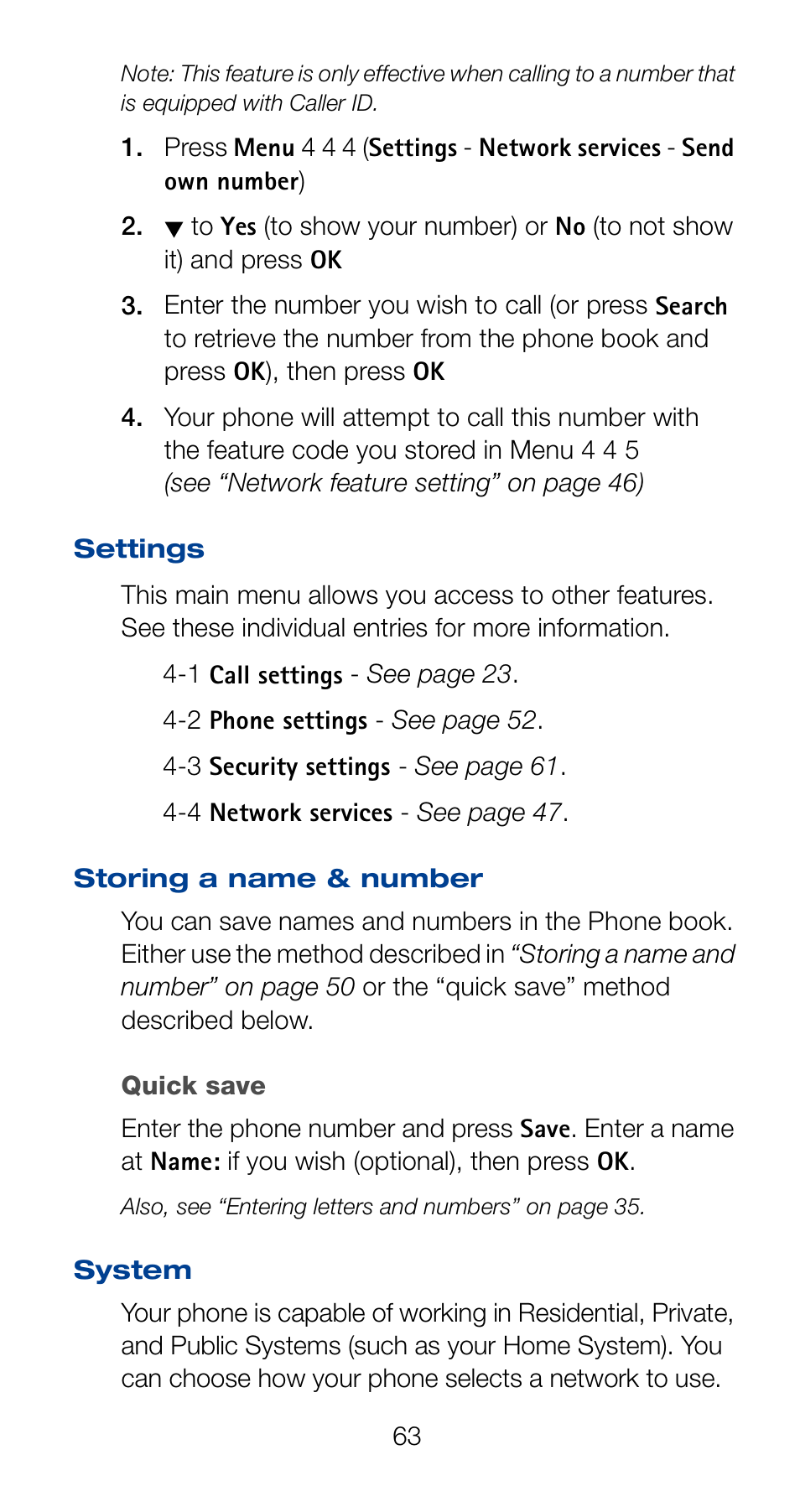 Settings, Storing a name & number, Quick save | System, Settings storing a name & number | Nokia 6161 User Manual | Page 70 / 101