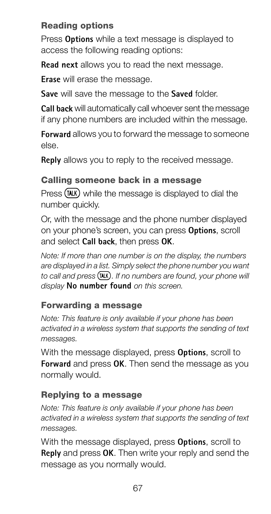 Reading options, Forwarding a message, Replying to a message | Nokia 6161 User Manual | Page 74 / 101