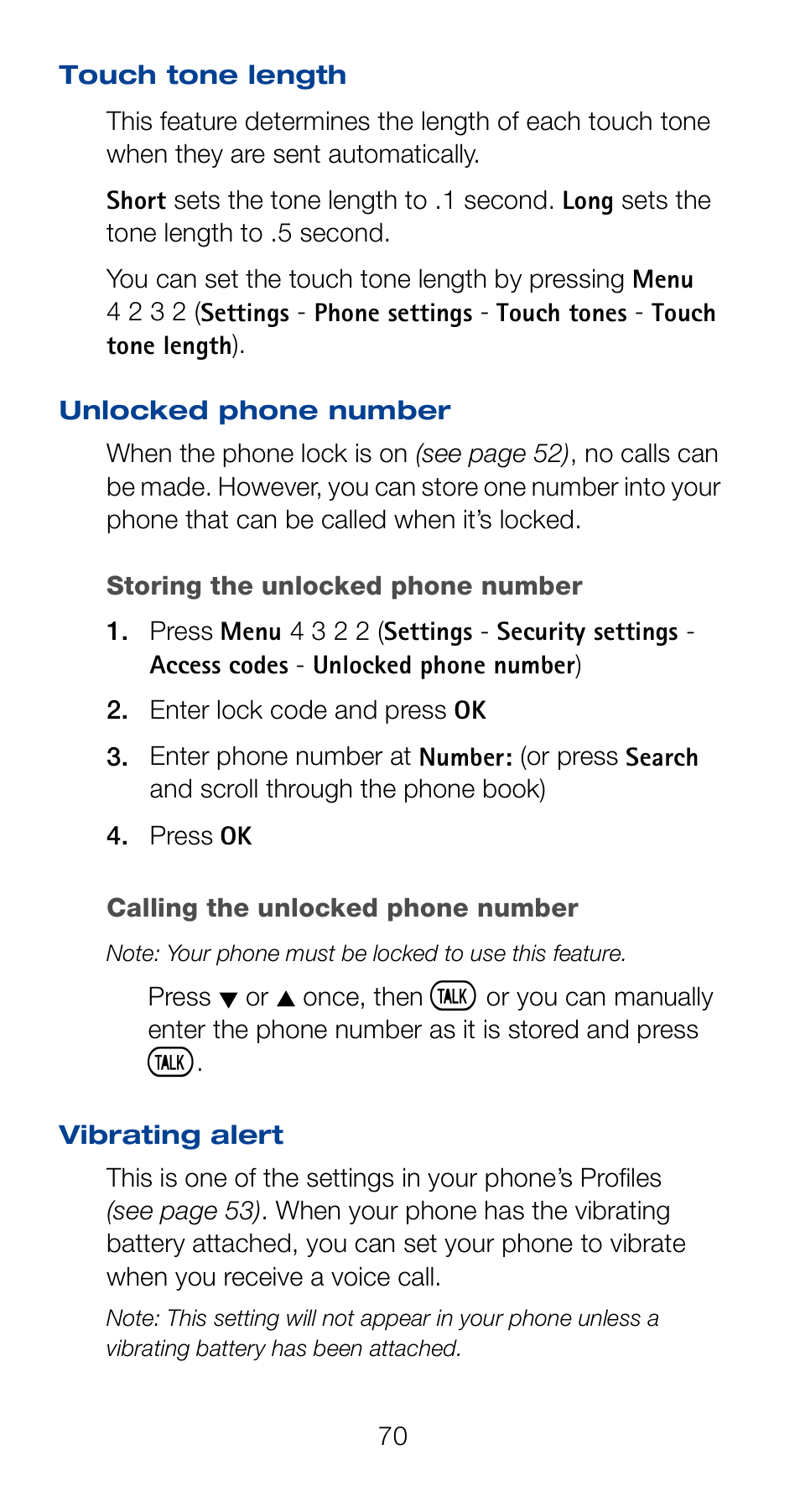 Touch tone length, Unlocked phone number, Vibrating alert | Nokia 6161 User Manual | Page 77 / 101
