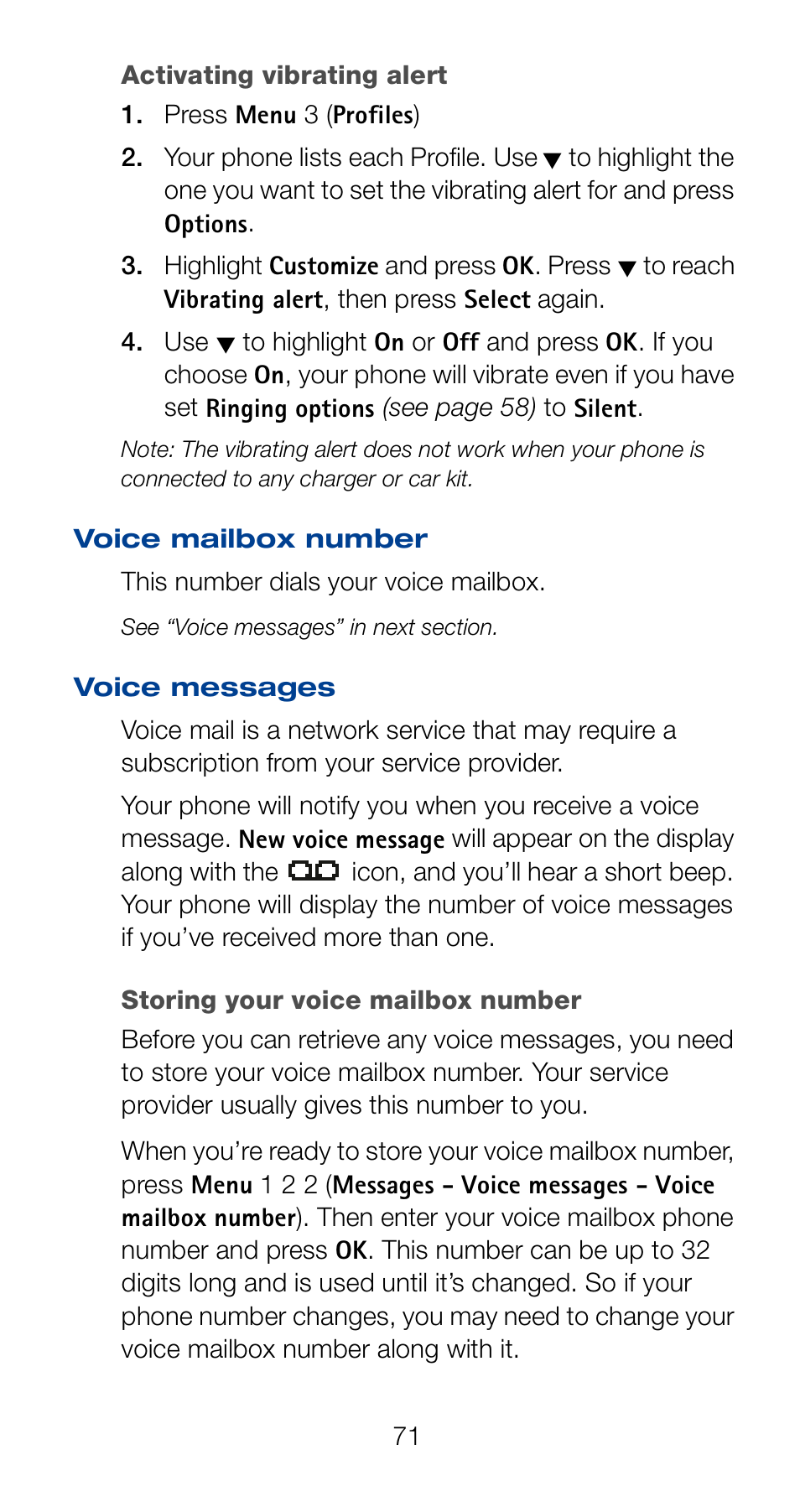 Voice messages, Storing your voice mailbox number | Nokia 6161 User Manual | Page 78 / 101