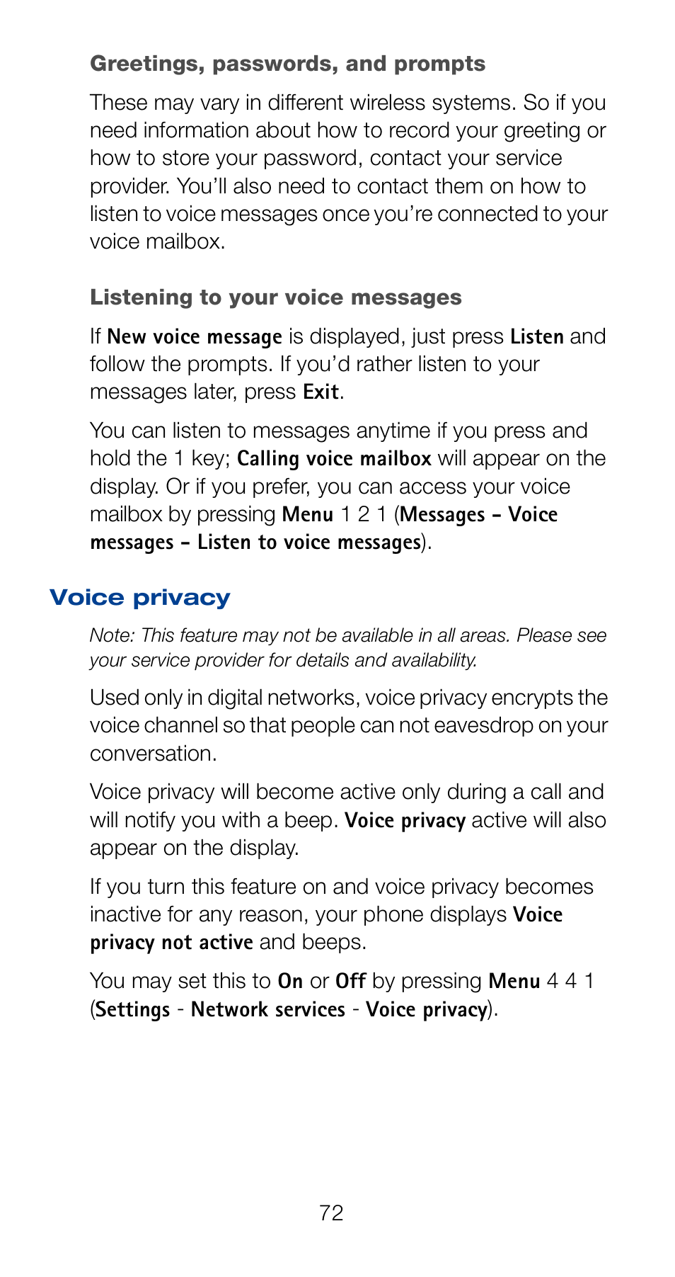 Greetings, passwords, and prompts, Listening to your voice messages, Voice privacy | Nokia 6161 User Manual | Page 79 / 101