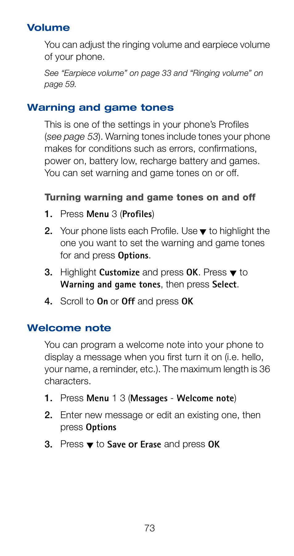 Volume, Warning and game tones, Welcome note | Volume warning and game tones welcome note | Nokia 6161 User Manual | Page 80 / 101