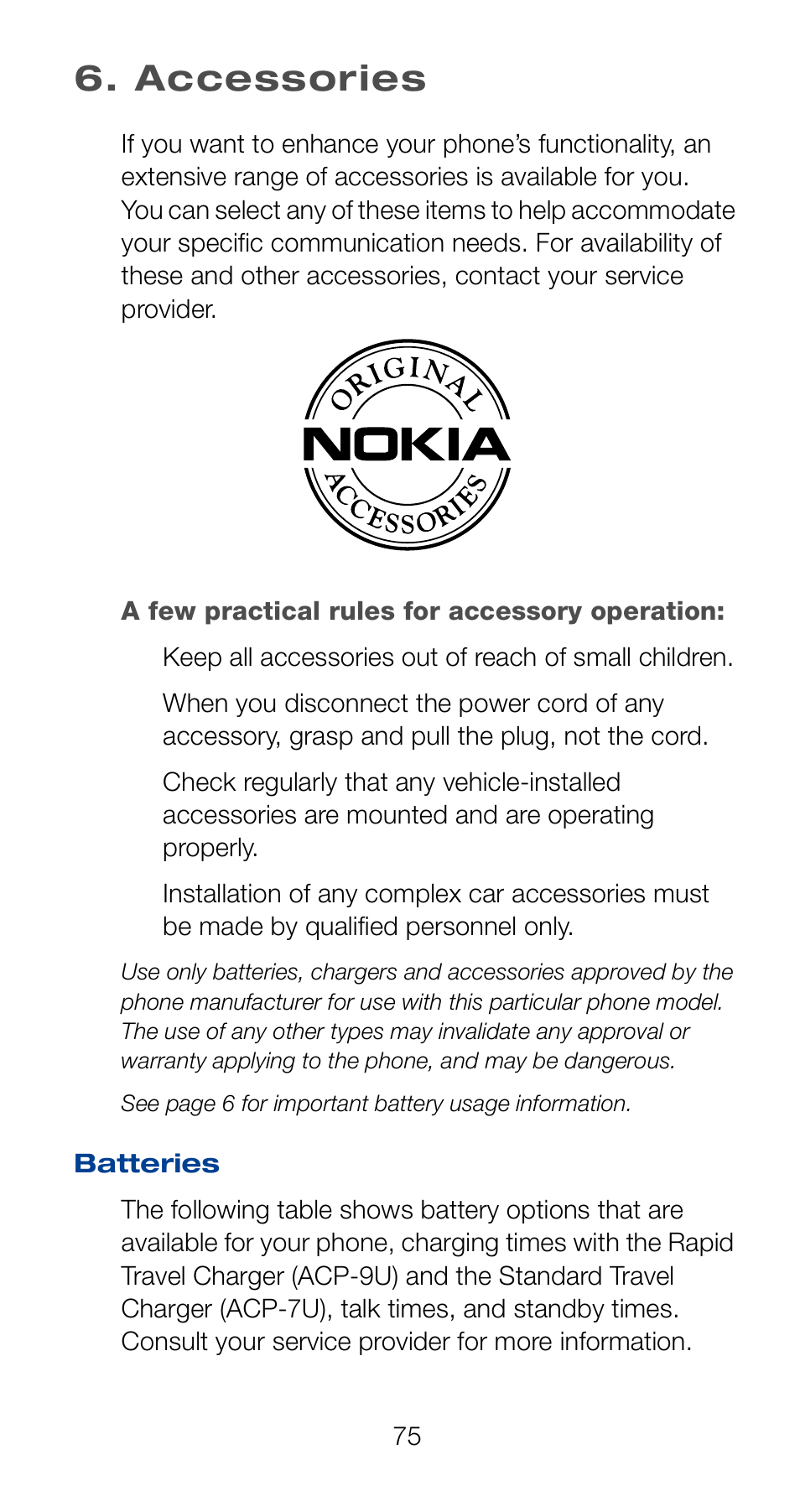 Accessories, Batteries | Nokia 6161 User Manual | Page 82 / 101