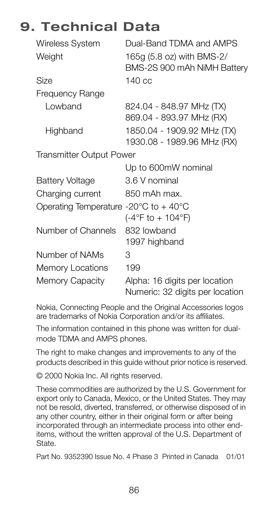 Technical data | Nokia 6161 User Manual | Page 93 / 101