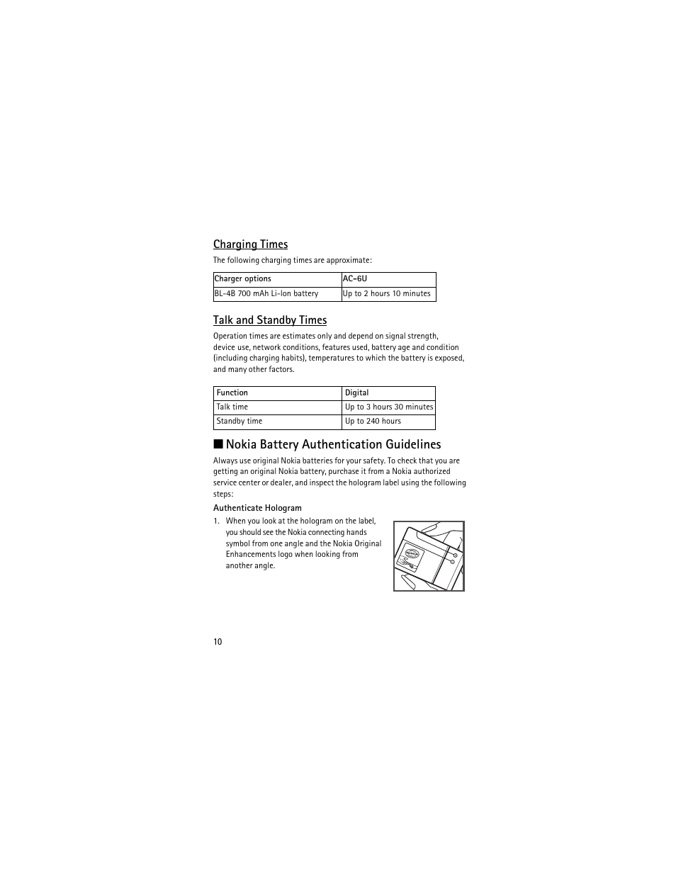 Nokia battery authentication guidelines, Charging times, Talk and standby times | Nokia 2605 User Manual | Page 10 / 71