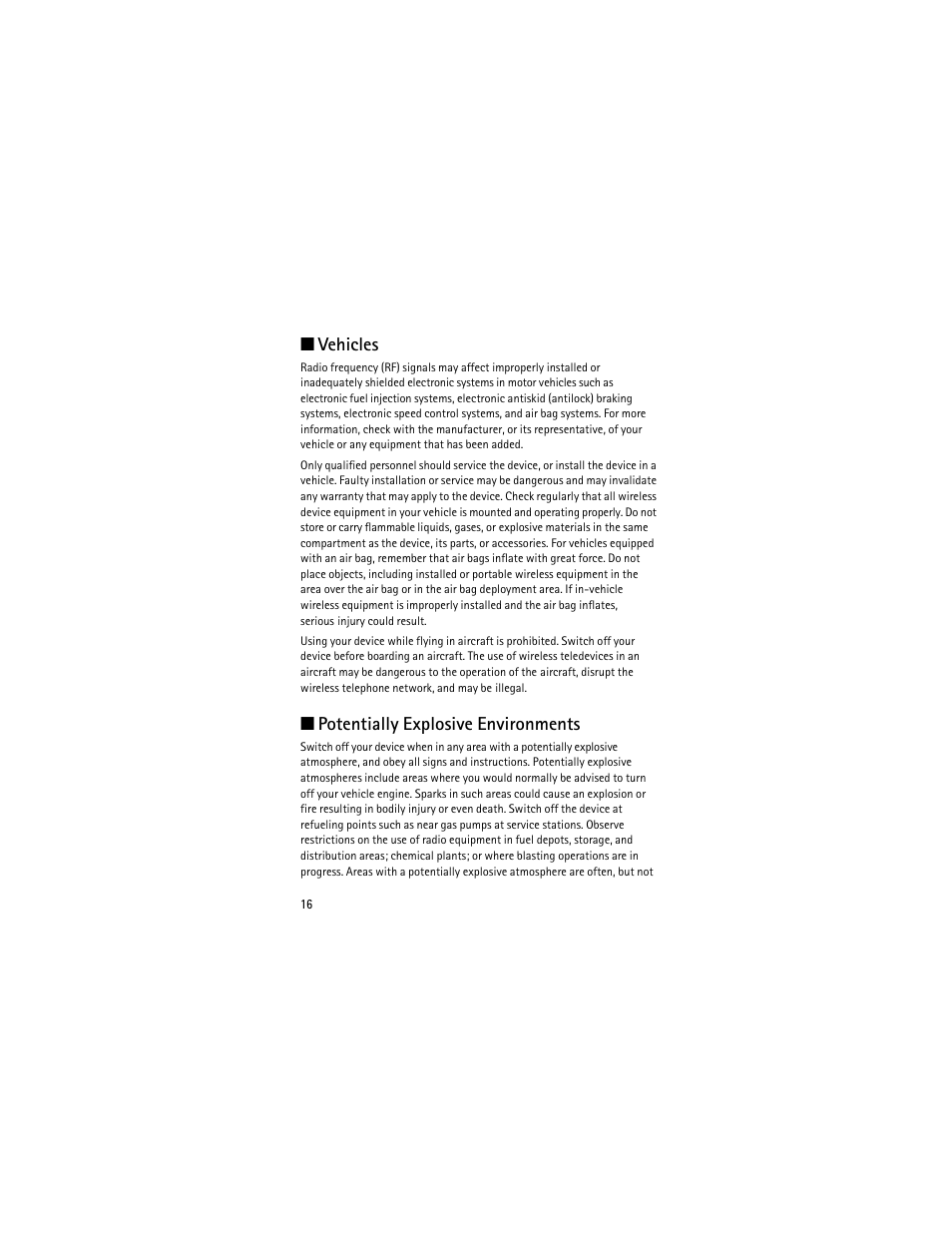 Vehicles, Potentially explosive environments, Vehicles potentially explosive environments | Nokia 2605 User Manual | Page 16 / 71