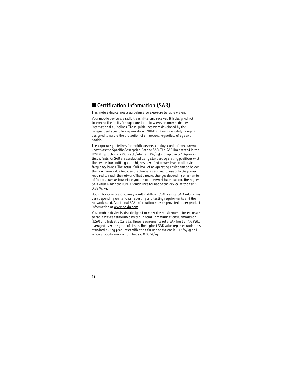 Certification information (sar) | Nokia 2605 User Manual | Page 18 / 71